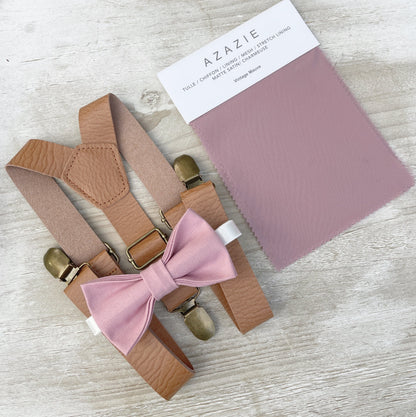 Vintage Mauve Bow tie & Suspenders | Leather Light Brown Braces | Quartz Bow | Pocket Square | Ring Bearer Outfit | Boho Rustic Wedding