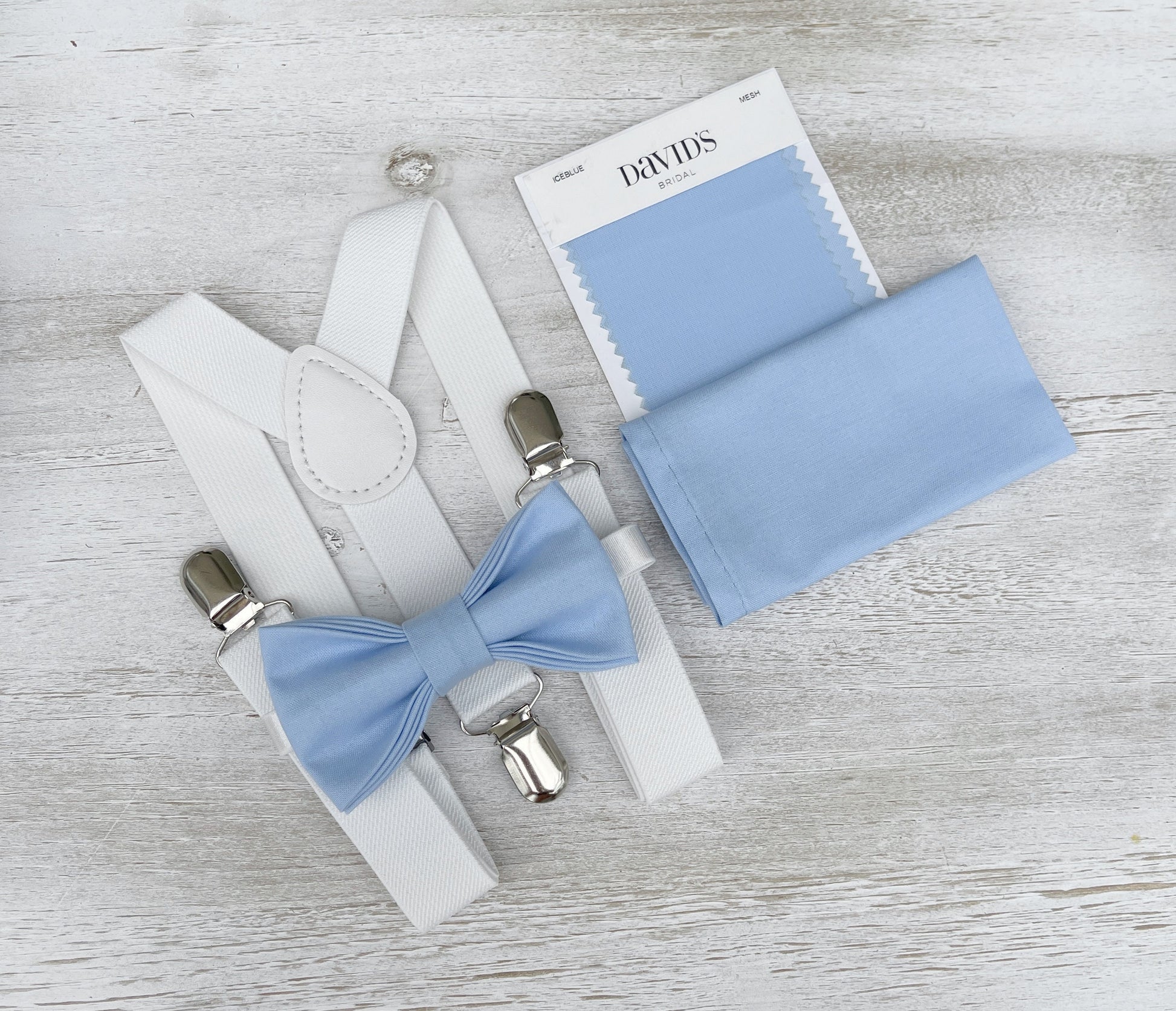 Ice Blue Bow tie & Suspenders | White Braces | Pocket Square | Ring Bearer Outfit | Boho Rustic Wedding | Baby Baptism Christening Set