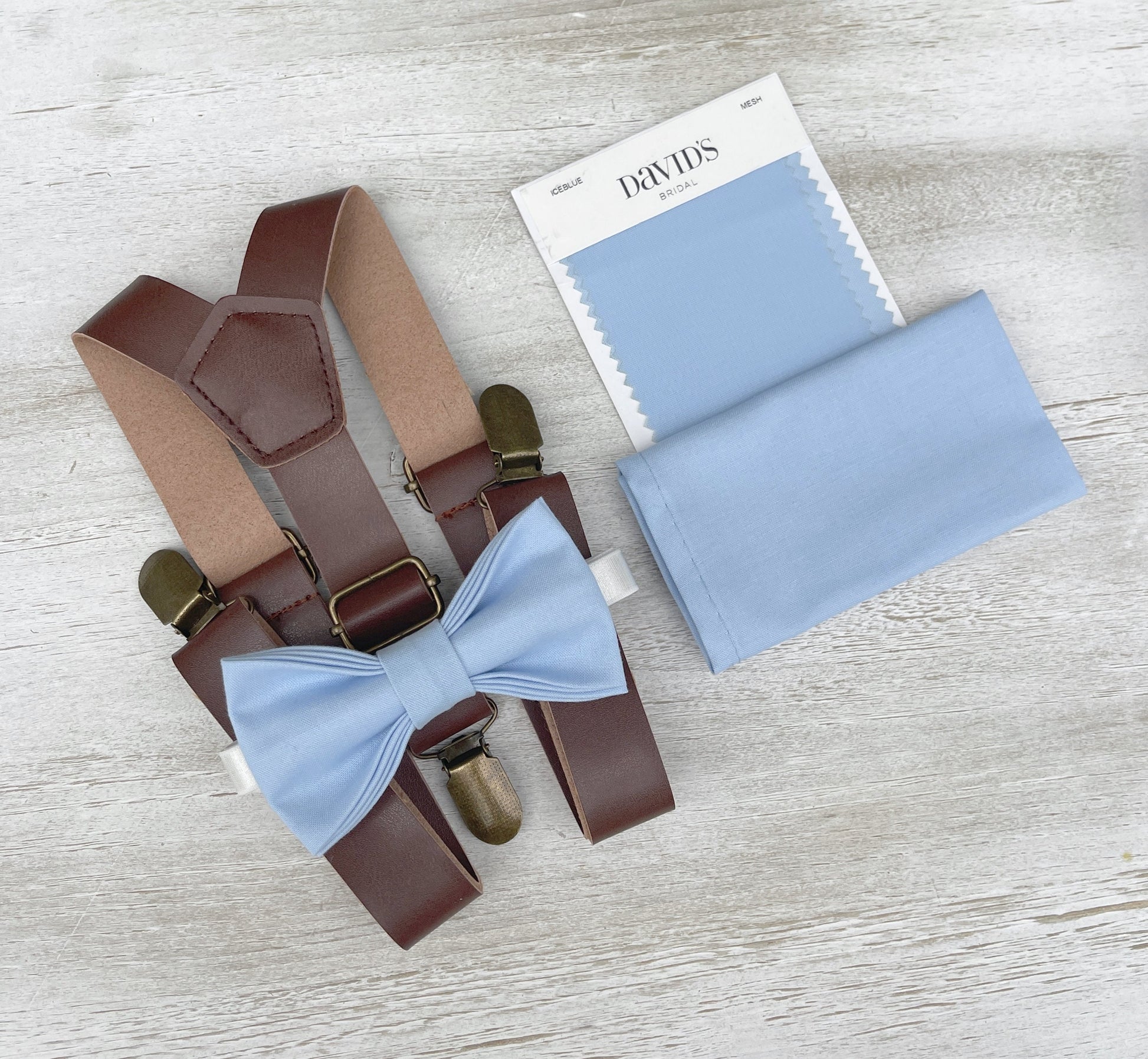 Ice Blue Bow tie & Suspenders | Leather Braces | Pocket Square | Ring Bearer Outfit | Boho Rustic Wedding Set