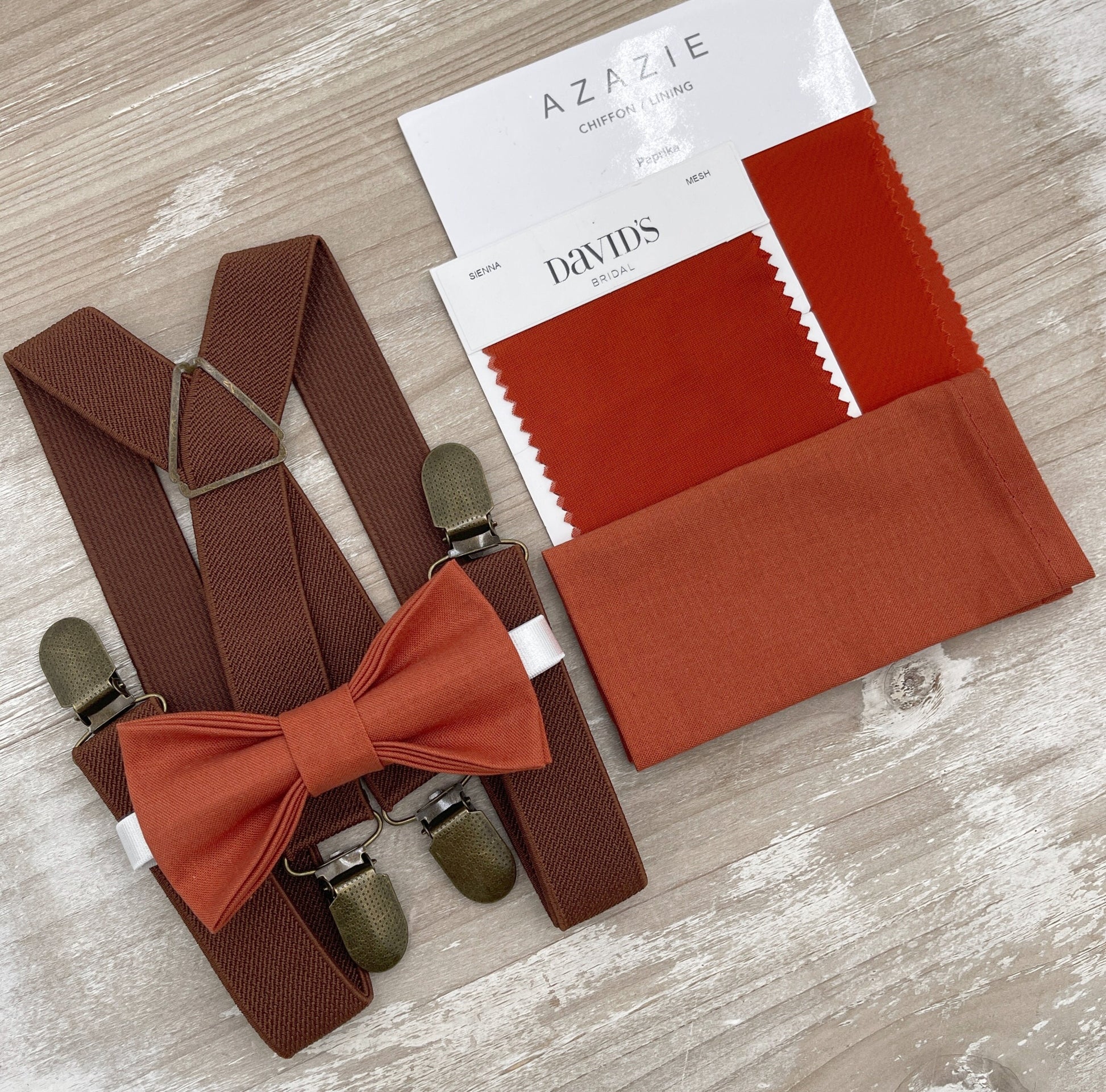 Paprika Bow tie & Suspenders | X - Back Brown Braces | Sienna Bow | Pocket Square | Ring Bearer Outfit | Boho Rustic Wedding