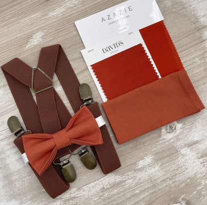 Paprika Bow tie & Suspenders | X - Back Brown Braces | Sienna Bow | Pocket Square | Ring Bearer Outfit | Boho Rustic Wedding