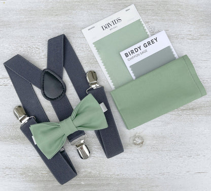 Matcha Bow tie & Suspenders | Dark Gray Braces | Pocket Square | Ring Bearer Outfit | Rustic Wedding | Groomsman Gift | Meadow Sage Bow Tie
