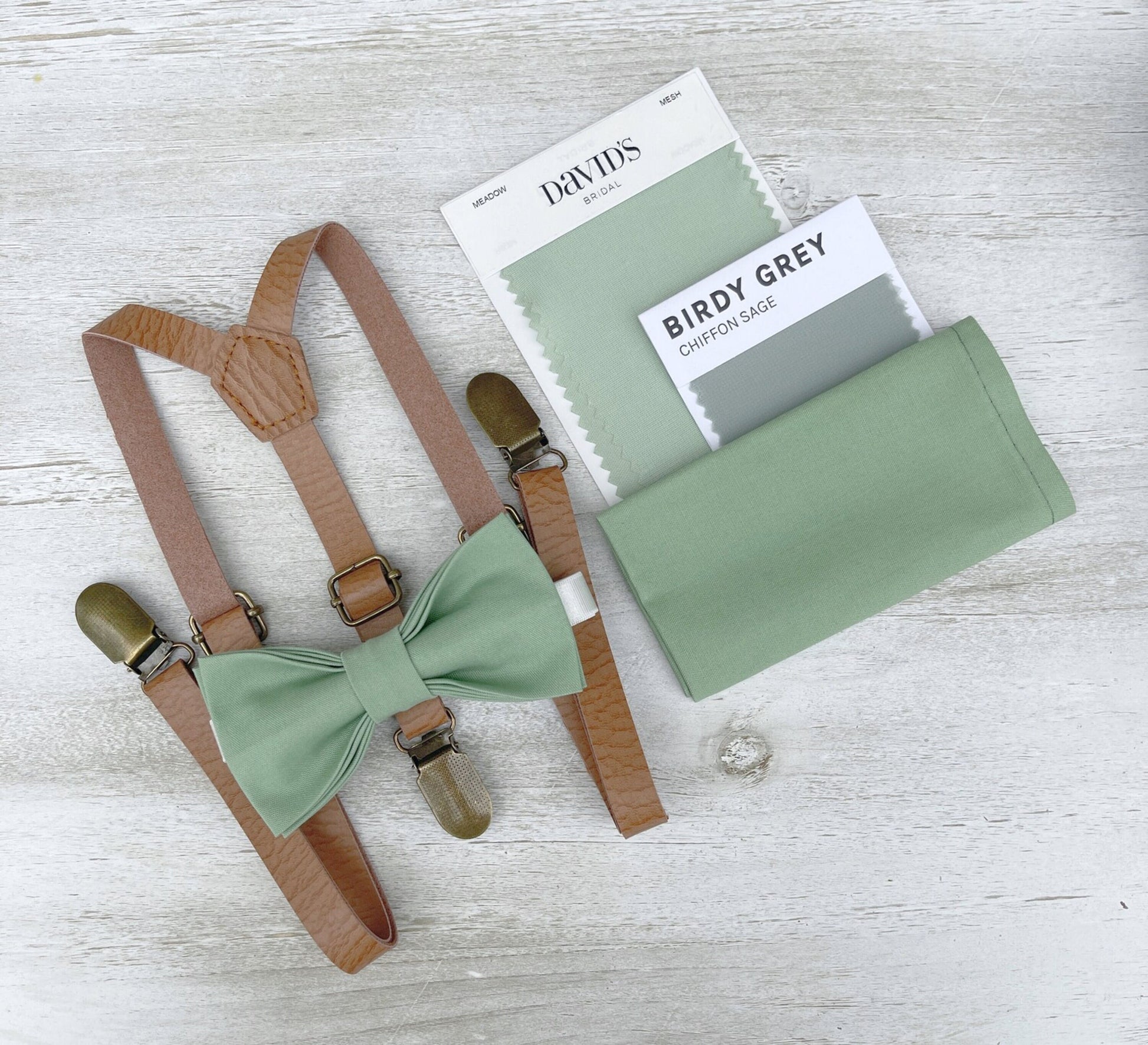 Matcha Bow tie & Suspenders | Skinny Leather Light Brown Braces | Sage Meadow Bow | Pocket Square | Ring Bearer Outfit | Boho Rustic Wedding