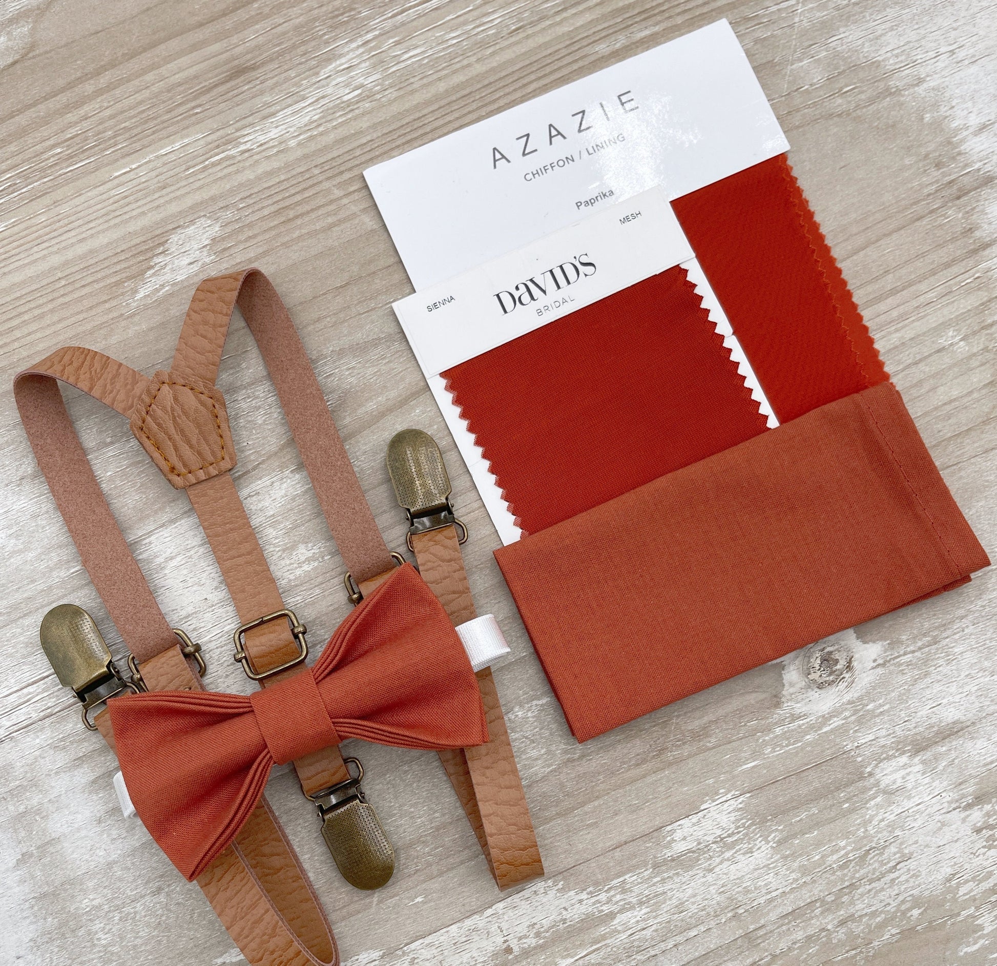 Paprika Bow tie & Suspenders | Skinny Leather Light Brown Braces | Sienna Bow | Pocket Square | Ring Bearer Outfit | Boho Rustic Wedding
