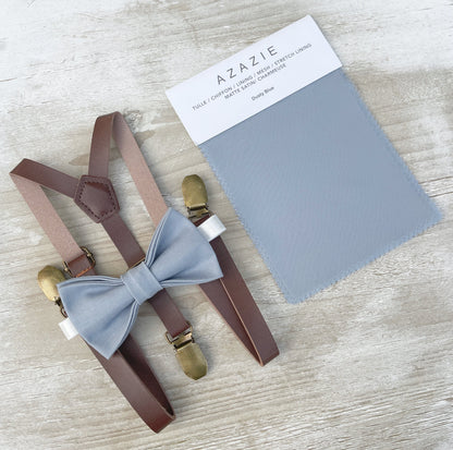 Dusty Blue Bow Tie & Suspenders – All Sizes for Boys and Men, Skinny Brown Leather Braces, Pocket Square, Ring Bearer, Boho Rustic Wedding