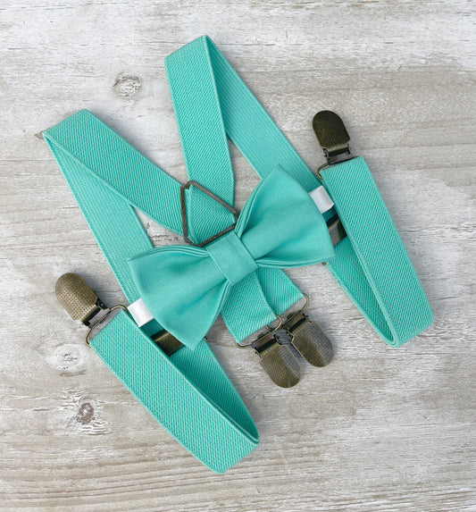 Men's Dark Mint Bow Tie and Turquoise Suspenders Set | X-Back Braces for Groomsmen Wedding Outfit - Boy's Ring Bearer Gift