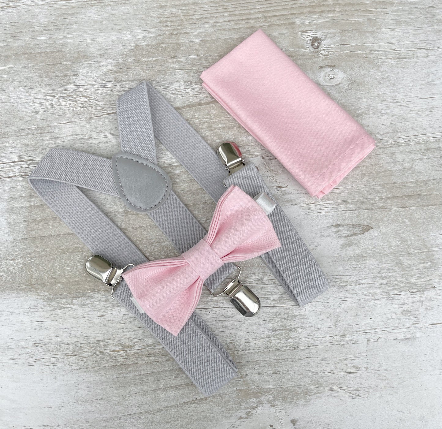 Light Gray Suspenders and Baby Pink Bow Tie Set with Men's Pocket Square - Perfect Groomsmen Gift and Wedding Groom Outfit Accessory