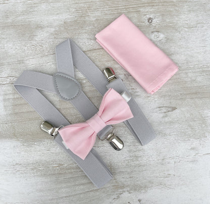 Light Gray Suspenders and Baby Pink Bow Tie Set with Men's Pocket Square - Perfect Groomsmen Gift and Wedding Groom Outfit Accessory