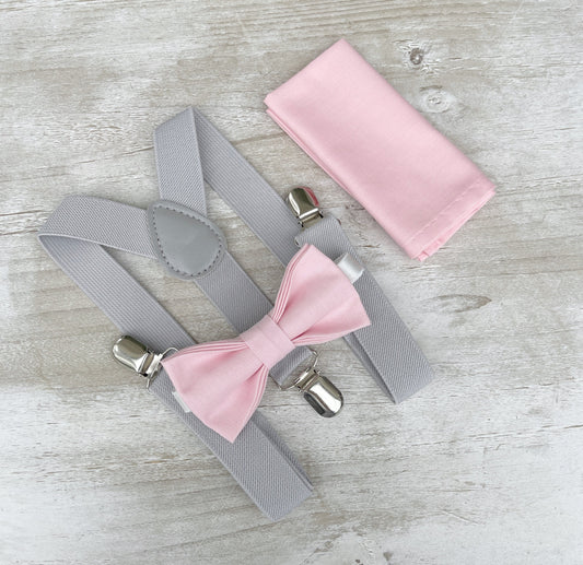 Light Gray Suspenders and Baby Pink Bow Tie Set with Men's Pocket Square - Perfect Groomsmen Gift and Wedding Groom Outfit Accessory