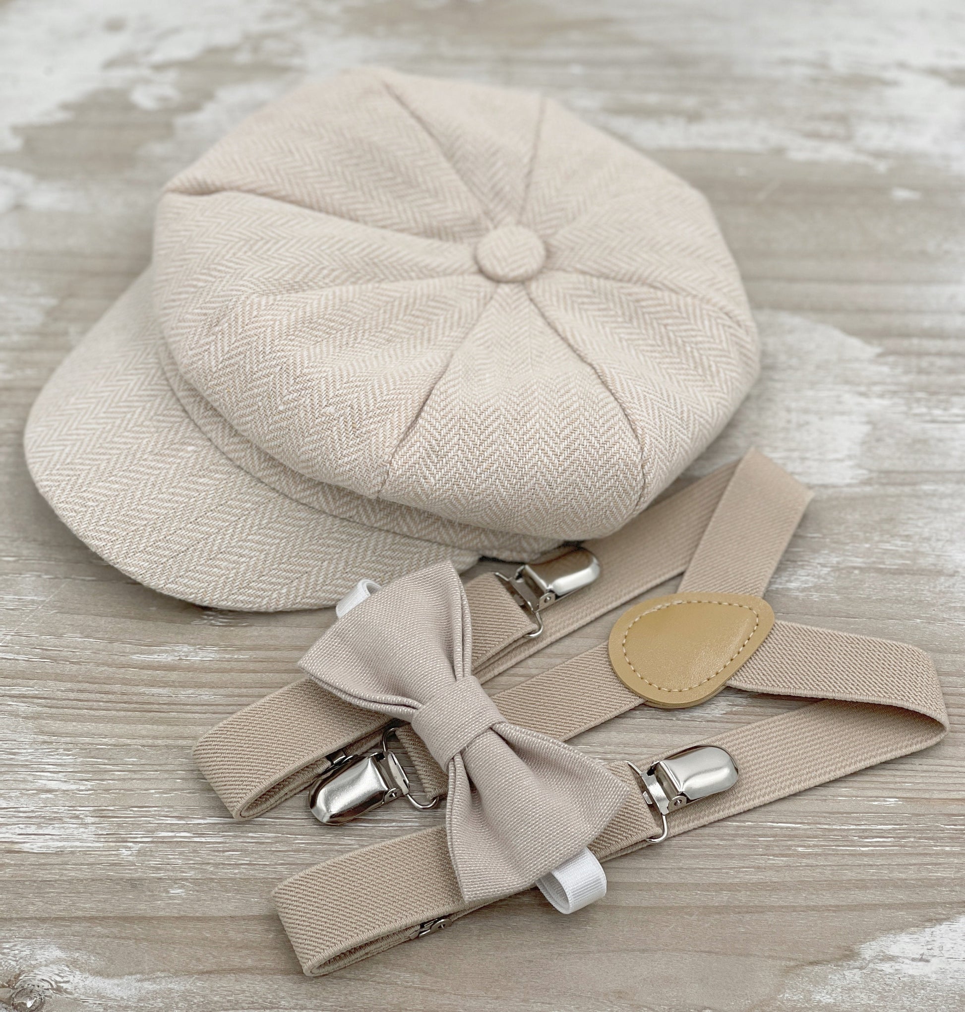 Newsboy Hat, Champagne Suspenders, Biscotti Linen Bow Tie Set, Ring Bearer Outfit, Gatsby Ivy Cap, Cake Smash Set, Vintage Wedding Outfit
