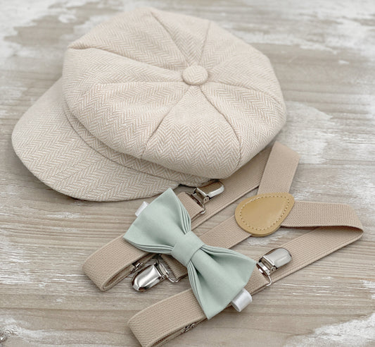 Newsboy Cap, Champagne Suspenders, Dusty Sage Bow Tie, Ring Bearer Outfit, Cake Smash Outfit, Page Boy Cap, Wedding Applejack Hat