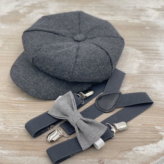Gray Boys' and Men's Flat Hat | Applejack Newsboy Cap | Gray Linen Bow Tie | and Suspenders Set for Wedding Ring Bearer Outfit with Fall Swag Hat