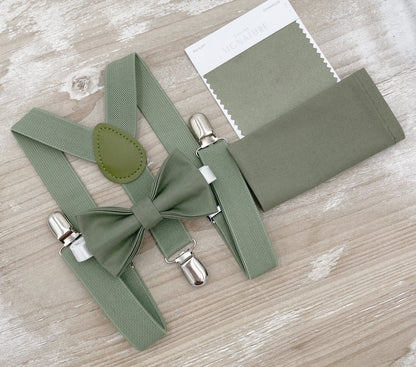 Moss Bow Tie & Suspenders – All Sizes for Men and Boys, Pocket Square, Ring Bearer Groomsman Gift, Rustic Wedding Set
