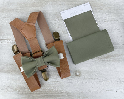 Moss Bow Tie & Suspenders – All Sizes for Men and Boys, Leather Suspenders, Pocket Square, Ring Bearer Outfit, Boho Rustic Wedding