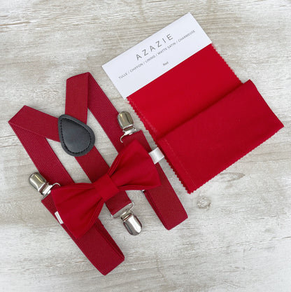 Apple Red Bow tie & Suspenders | Pocket Square | Ring Bearer Outfit | Boho Rustic Wedding | Holiday Christmas Outfit