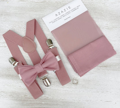 Dusty Rose Bow Tie and Suspenders Set – All Sizes for Men and Boys, Pocket Square, Ring Bearer Outfit, Groomsman Gift, Boho Barn Wedding