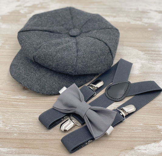 Gray Boys and Men's Flat Cap Set with Applejack Newsboy Cap | Gray Bow Tie | Charcoal Suspenders - Wedding Ring Bearer Outfit for Fall Swag