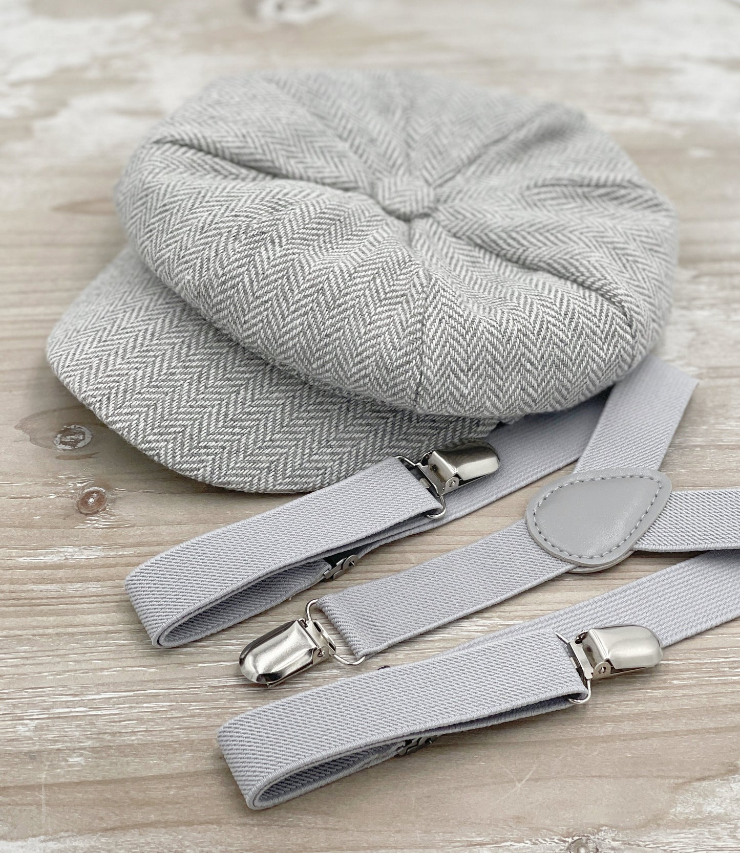Light Gray Newsboy Hat | Tweed Applejack Cap | Ivy Flat Hat | Suspenders - Boys Ring Bearer Outfit | Men's Wedding Set | Newborn Photo Prop