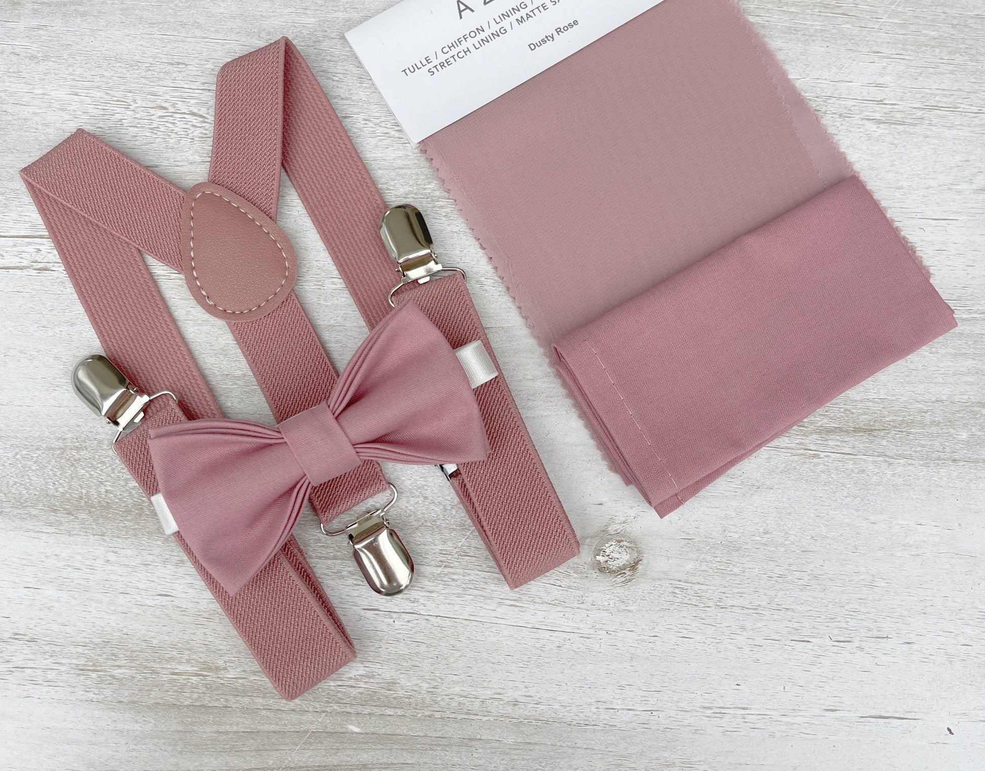 Dusty Rose Bow Tie and Suspenders Set – Pocket Square, Ring Bearer Outfit, Groomsman Gift, Boho Barn Wedding Accessories