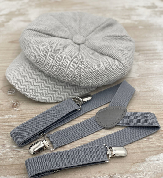 Light Gray Newsboy Hat | Tweed Applejack Cap | Flat Ivy Hat & Suspenders Set for Boys Ring Bearer Outfit | Mens Wedding Set | and Newborn Photo Prop - Formal Wedding Attire for Boys | Men | and Infants