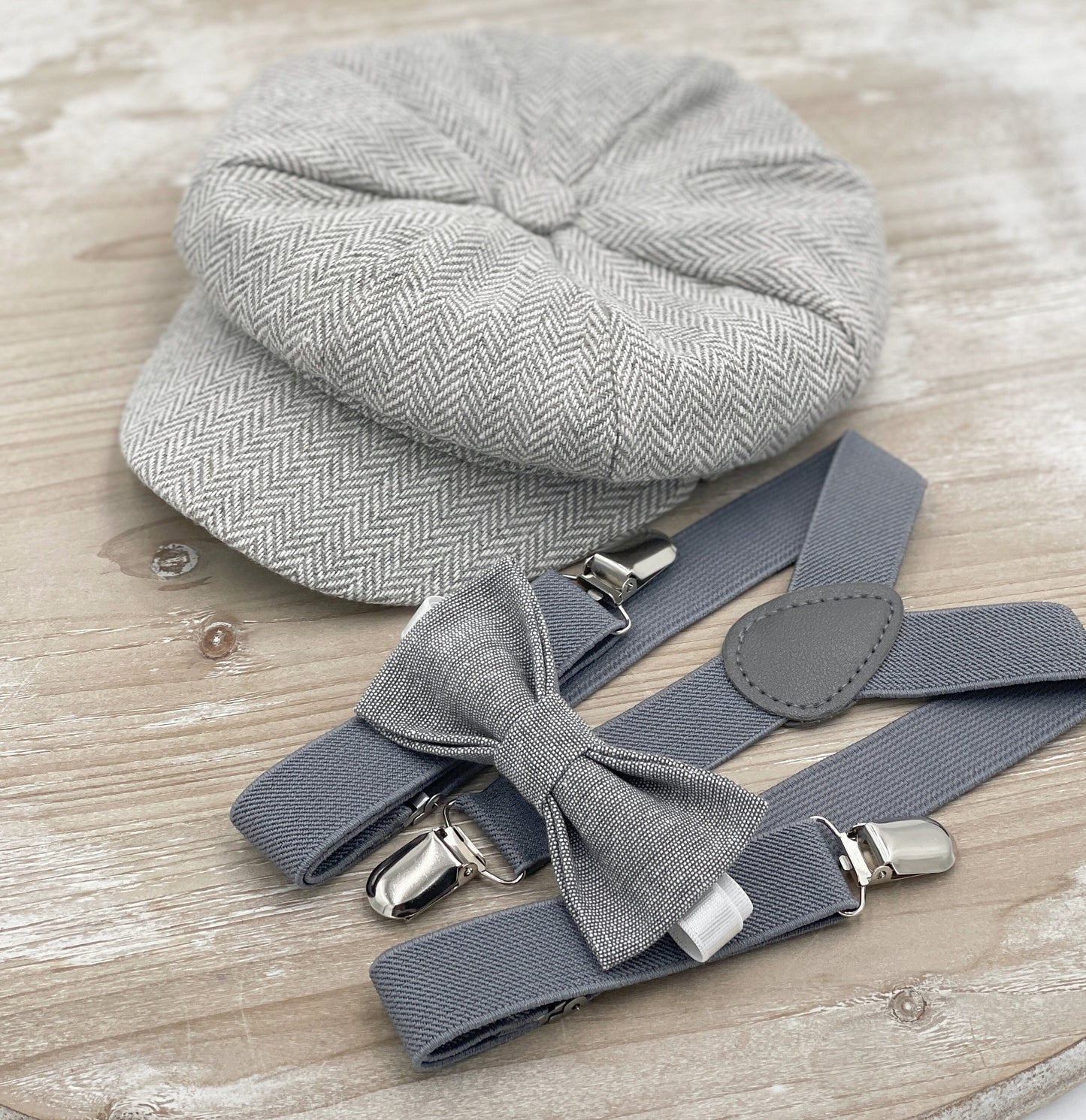 Gray Newsboy Cap | Tweed Applejack Ivy Flat Hat | Gray Linen Bow Tie | Suspenders - Boys Ring Bearer Outfit | Men's Wedding Set