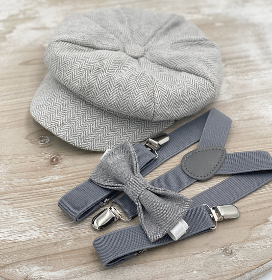 Gray Newsboy Cap | Tweed Applejack Ivy Flat Hat | Gray Linen Bow Tie | Suspenders - Boys Ring Bearer Outfit | Men's Wedding Set