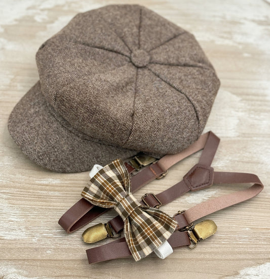 Tweed Newsboy Cap, Skinny Leather Suspenders, Plaid Bow Tie, Ring Bearer Outfit, Cake Smash Outfit, Page Boy Cap, Wedding Set