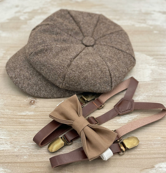 Tweed Newsboy Cap and Skinny Leather Suspenders – Taupe Bow Tie, Ring Bearer or Page Boy Outfit, Cake Smash Look, Wedding Gift Set