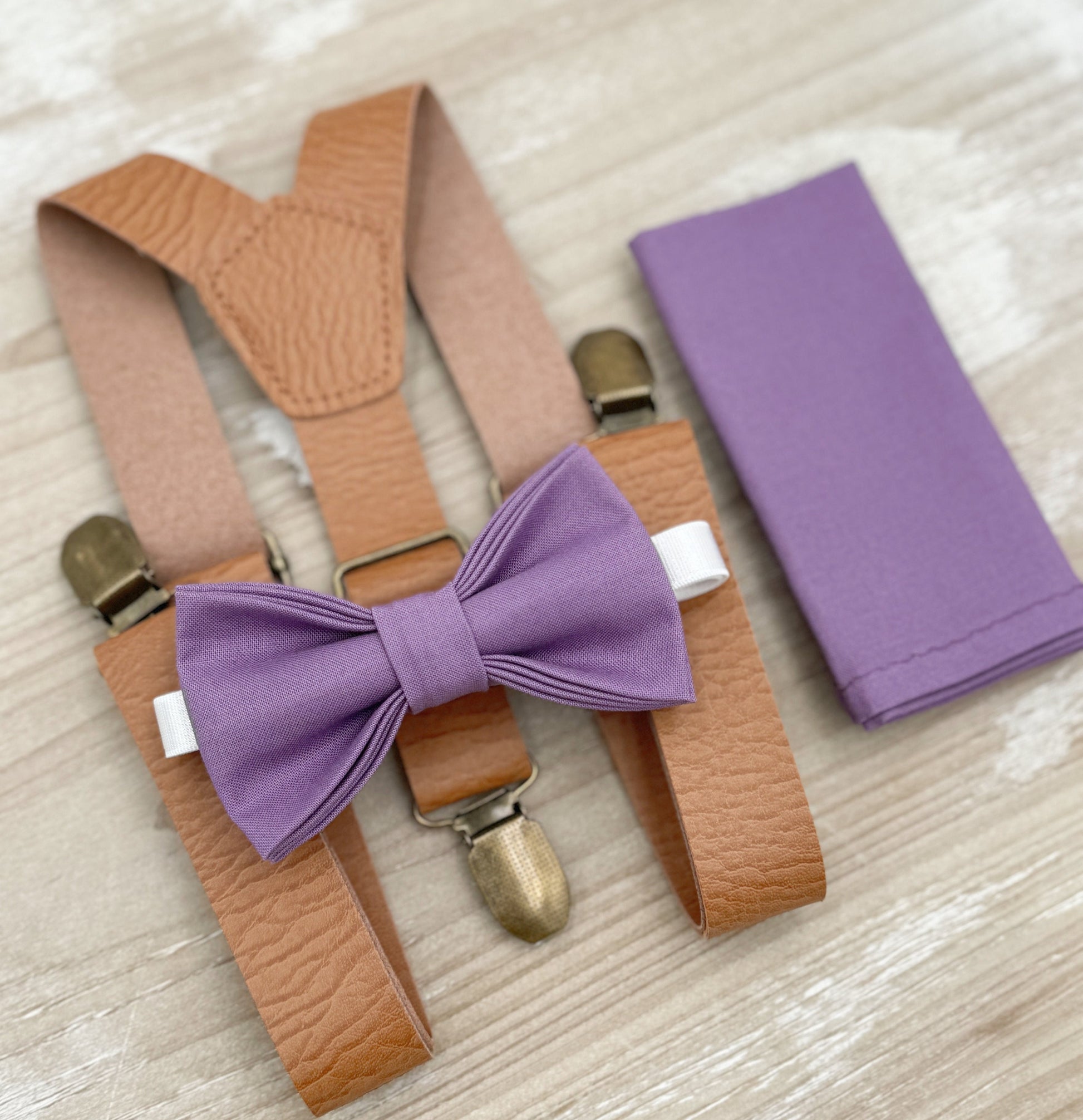 Dark Wisteria Bow tie & Suspenders | Leather Light Brown Braces | Pocket Square | Ring Bearer Outfit | Boho Rustic Wedding