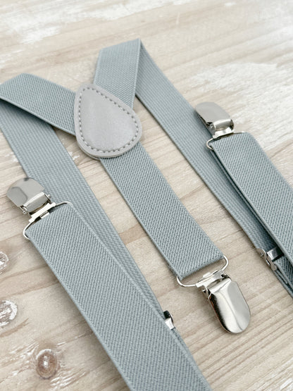 Eucalyptus Bow Tie & Suspenders – All Sizes for Men and Boys, Dusty Gray Suspenders, Pocket Square, Ring Bearer Gift, Rustic Wedding