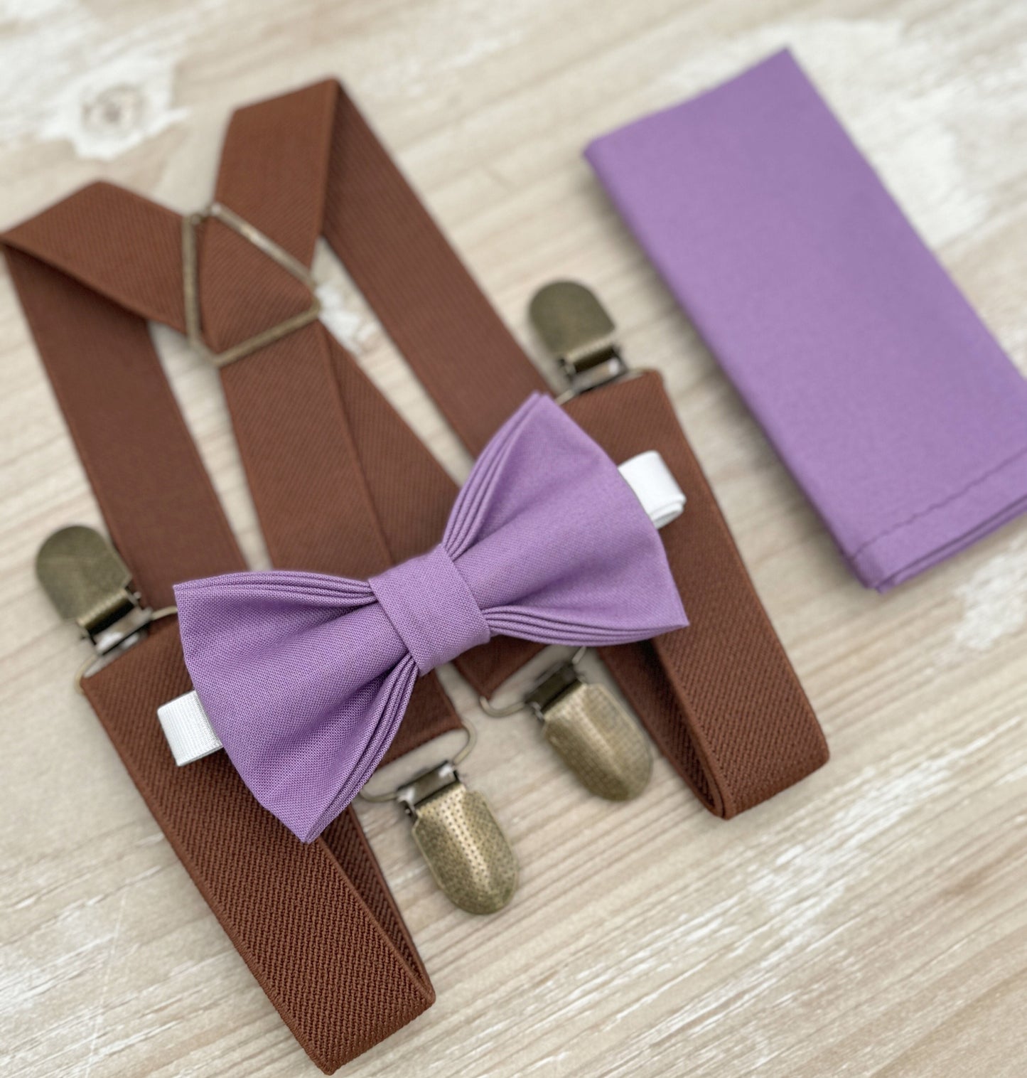 Dark Wisteria Bow tie & Suspenders | Brown X - Back Braces | Pocket Square | Ring Bearer Outfit | Boho Rustic Wedding