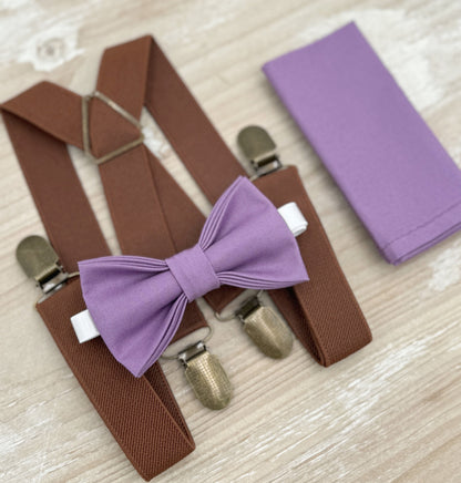 Dark Wisteria Bow tie & Suspenders | Brown X - Back Braces | Pocket Square | Ring Bearer Outfit | Boho Rustic Wedding