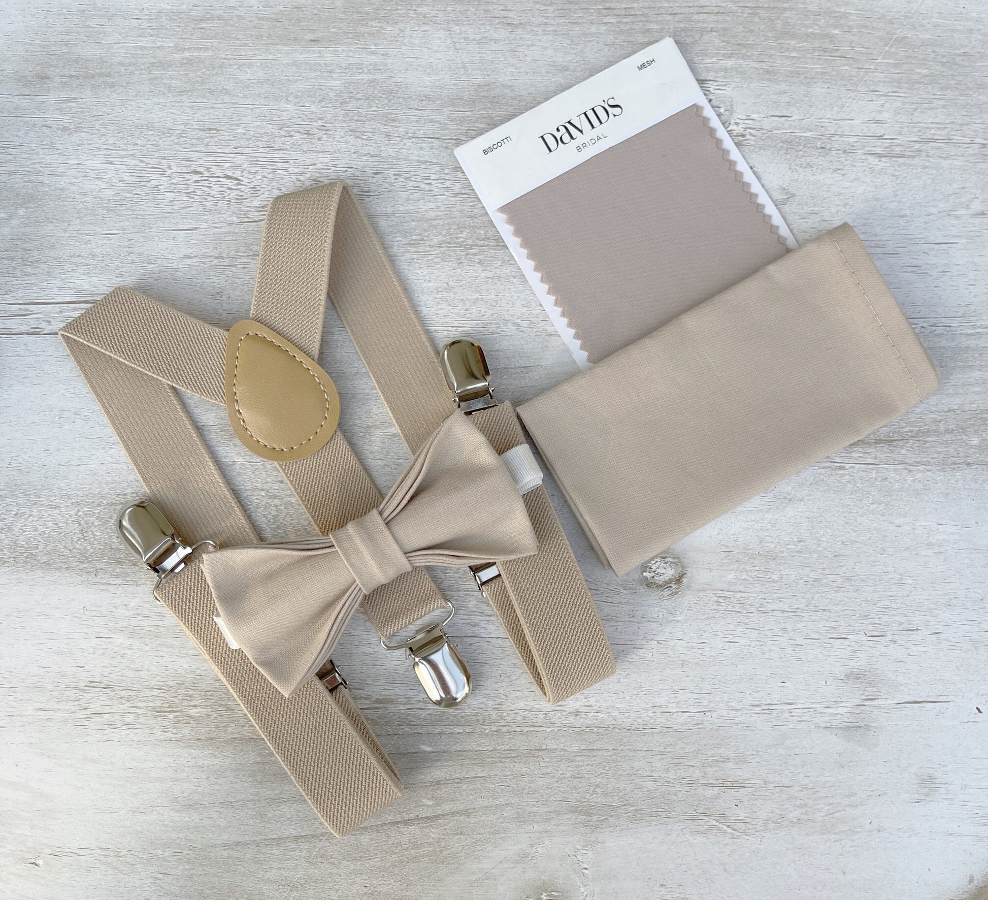 Biscotti Bow tie & Suspenders | Champagne Tan Braces | Frost Tan Bow | Pocket Square | Ring Bearer Outfit | Boho Rustic Wedding