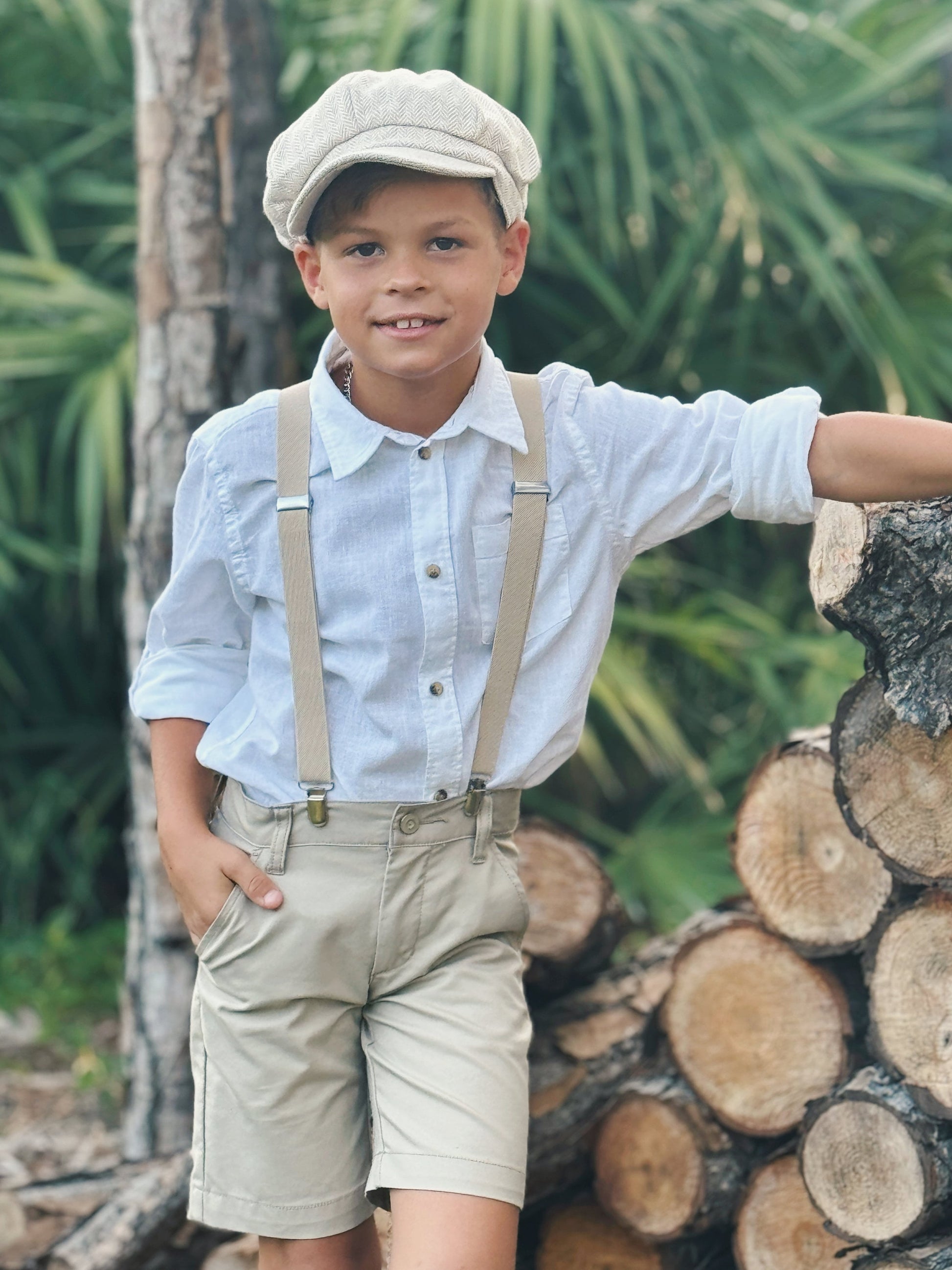 Newsboy Hat, Champagne Suspenders, Biscotti Linen Bow Tie Set, Ring Bearer Outfit, Gatsby Ivy Cap, Cake Smash Set, Vintage Wedding Outfit