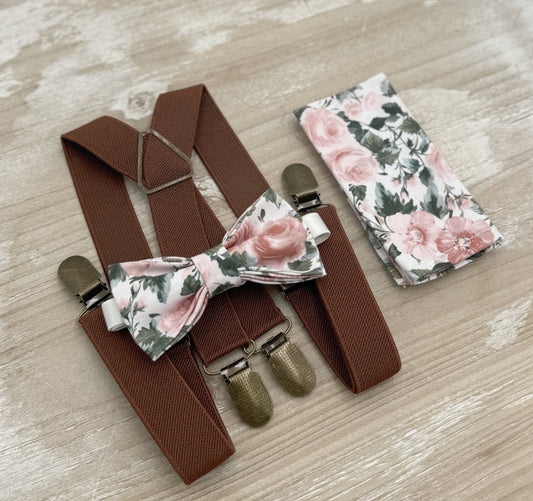 Floral Bow tie & Suspenders, X - Back Braces, Dusty Rose Bow Tie, Pocket Square, Ring Bearer Outfit, Boho Wedding, Groomsman Gift