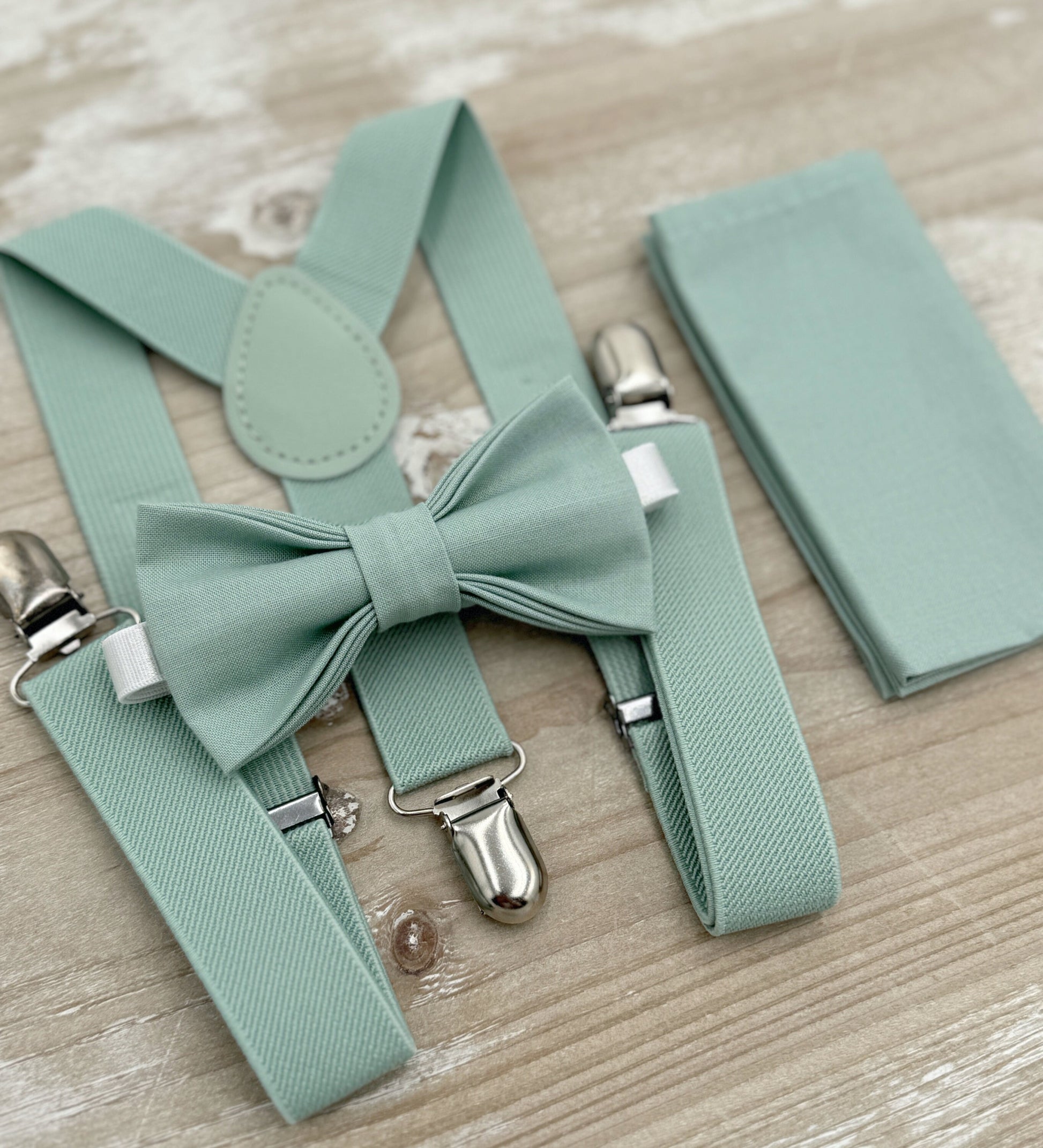 Dusty Sage Bow Tie & Suspenders – Ring Bearer Outfit, All Sizes Baby to Adult, Groomsman Gift, Pocket Square, Boho Wedding Set