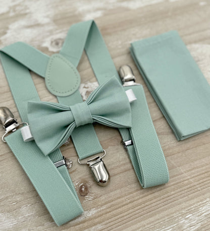 Dusty Sage Bow Tie & Suspenders – Ring Bearer Outfit, All Sizes Baby to Adult, Groomsman Gift, Pocket Square, Boho Wedding Set