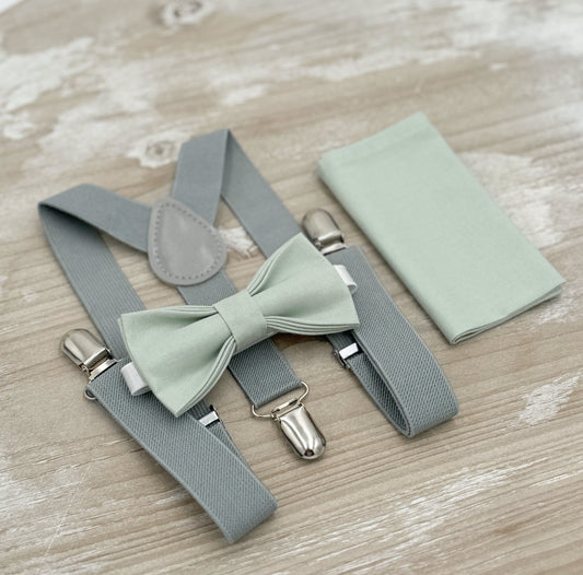 Dusty Sage Bow tie & Suspenders | Dusty Gray Braces | Pocket Square | Ring Bearer Outfit | Boho Rustic Wedding | Groomsman Gift