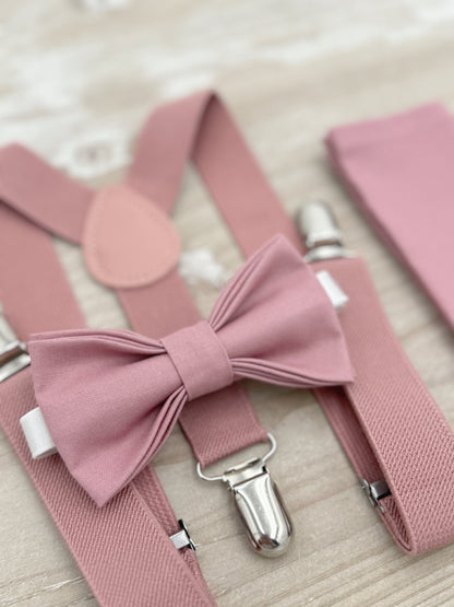 Dusty Rose Bow Tie and Suspenders Set – All Sizes for Men and Boys, Pocket Square, Ring Bearer Outfit, Groomsman Gift, Boho Barn Wedding