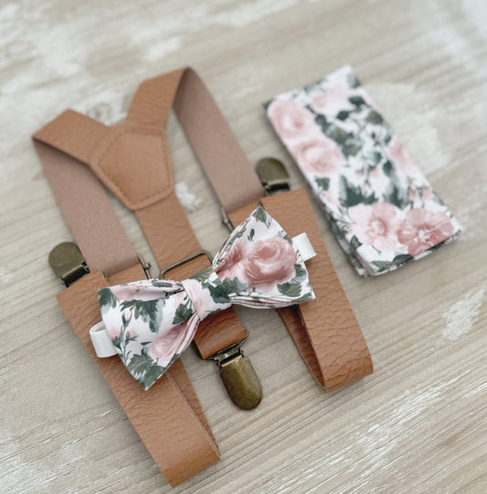Floral Bow tie & Vegan Leather Suspenders | Light Brown Braces | Dusty Rose Bow Tie | Pocket Square | Ring Bearer Outfit | Boho Wedding