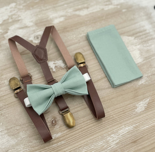 Dusty Sage Bow tie & Suspenders | Skinny Vegan Leather Braces | Agave Bow | Pocket Square | Ring Bearer Outfit | Rustic Boho Wedding