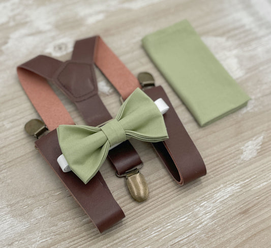 Pistachio Bow tie & Suspenders | Vegan Leather Braces | Agave Bow | Pocket Square | Ring Bearer Outfit | Rustic Wedding | Groomsman Gift