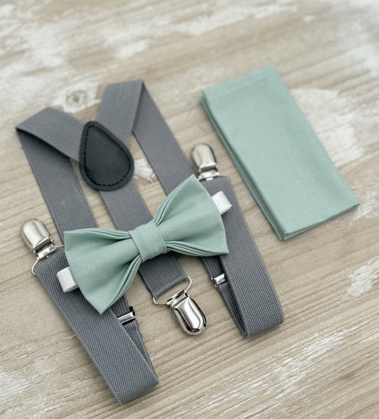 Dusty Sage Bow tie & Gray Suspenders | Agave Bow Tie | Pocket Square | Ring Bearer Outfit | Boho Wedding | Groomsman Gift
