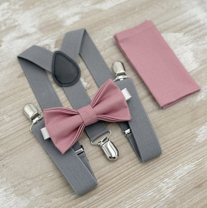 Dusty Rose Bow tie & Suspenders | Gray Braces | Pocket Square | Ring Bearer Outfit | Boho Wedding | Groomsman Gift