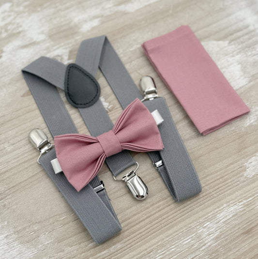 Dusty Rose Bow tie & Suspenders | Gray Braces | Pocket Square | Ring Bearer Outfit | Boho Wedding | Groomsman Gift