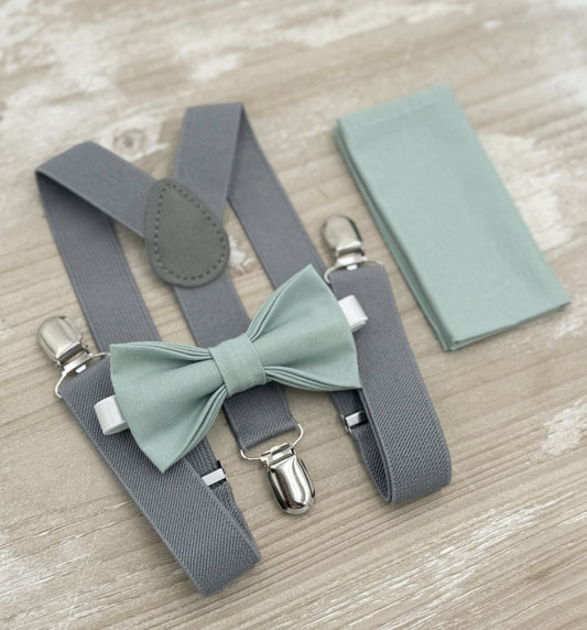 Dusty Sage Bow tie & Suspenders | Gray Braces | Agave Bow Tie | Pocket Square | Ring Bearer Outfit | Boho Wedding | Groomsman Gift