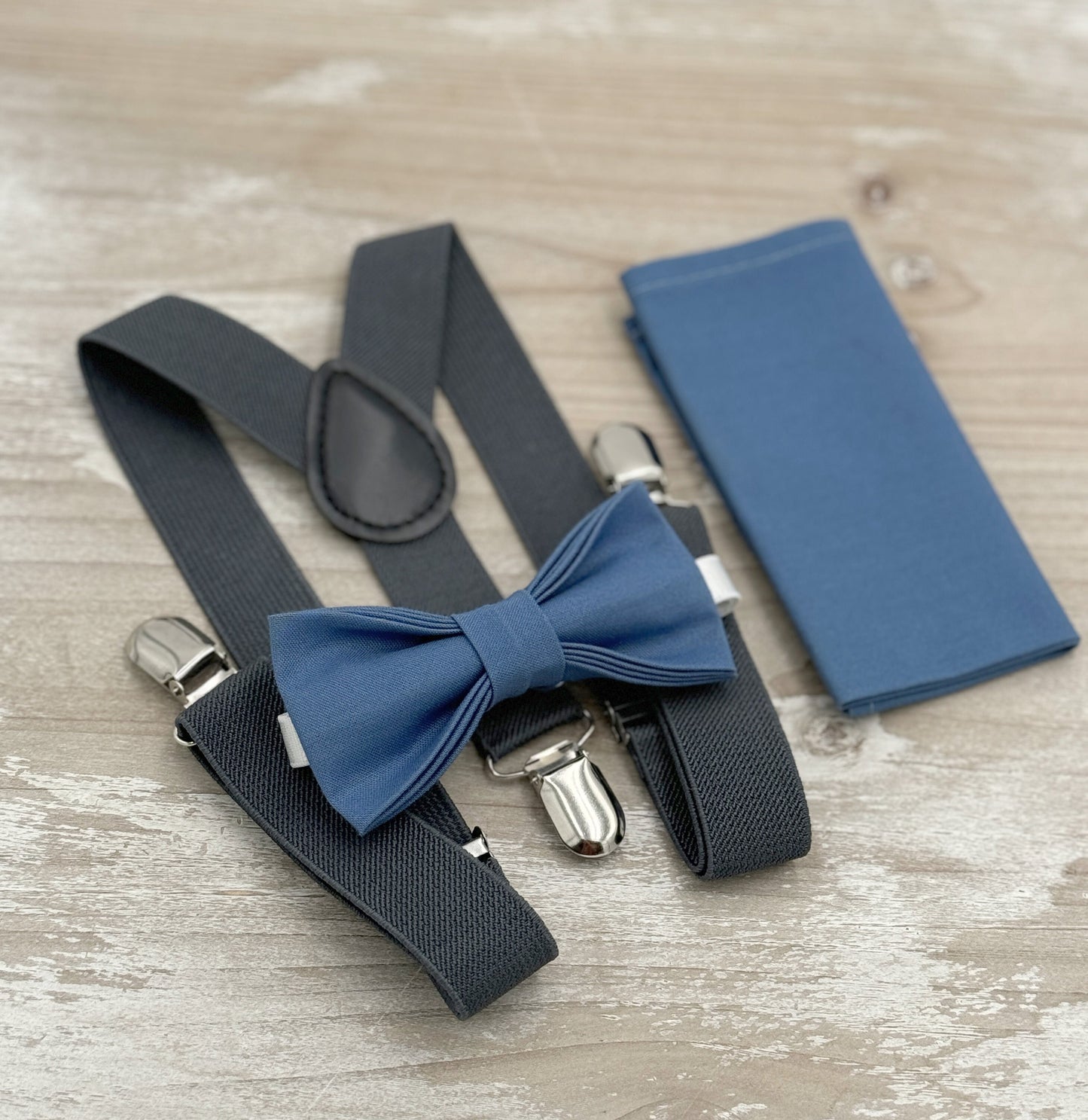 Dark Steel Bow tie & Suspenders | Charcoal Dark Gray Braces | Pocket Square | Ring Bearer Outfit | Boho Rustic Wedding | Groomsman Gift