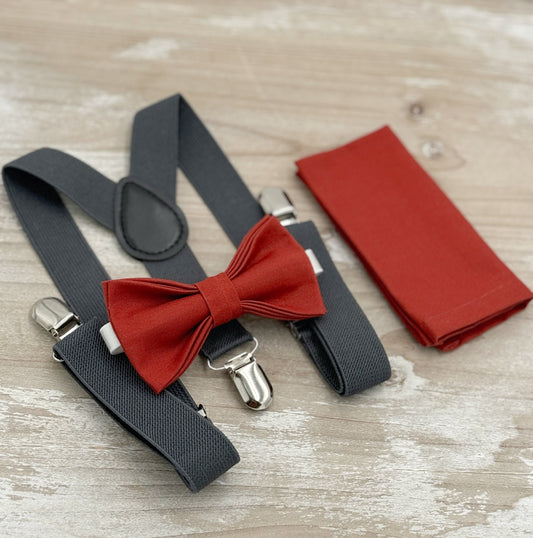 Terracotta Bow tie & Suspenders | Cinnamon Bow | Charcoal Braces | Pocket Square | Ring Bearer Outfit | Boho Rustic Wedding | Groomsman Gift