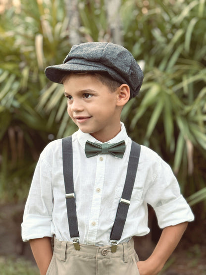 Tweed Newsboy Cap | Gray Applejack Hat | Suspenders | Charcoal Bow Tie | Ring Bearer Outfit | Cake Smash Outfit | Page Boy Cap | Wedding Set