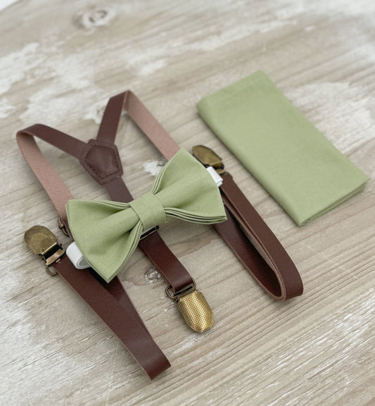 Pistachio Bow tie & Skinny Suspenders | Vegan Leather Braces | Pocket Square | Ring Bearer Outfit | Boho Wedding